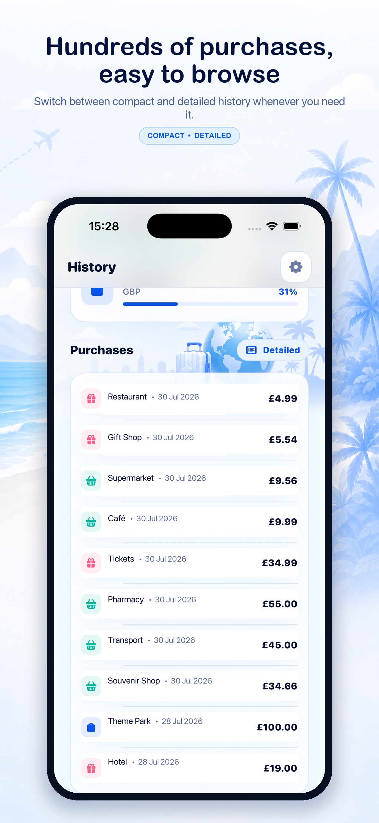 Compact purchase history and spending summary